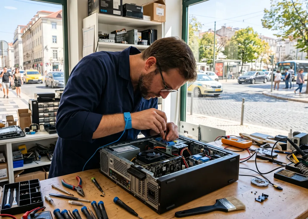 Techniker repariert einen Computer in der TONOVA-Werkstatt in Schaffhausen