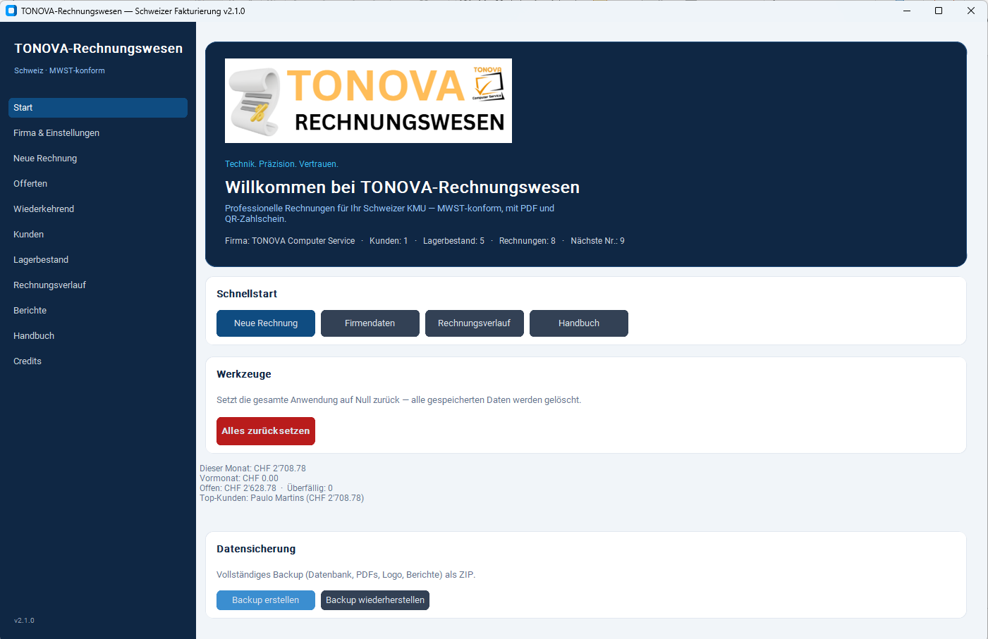 TONOVA-Rechnungswesen – Programmoberfläche